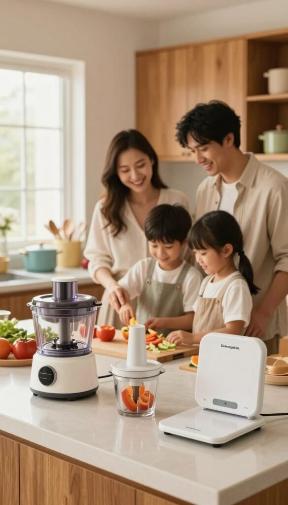 A warm, inviting kitchen scene focused on family-friendly kitchen helpers that save time. In the foreground, a sleek, organized countertop features modern gadgets like a multi-functional food processor, an efficient vegetable chopper, and a handy kitchen scale, all branded with "Ordnungskiste." The middle ground includes a family of four&mdash;two adults and two children&mdash;engaged in meal prep, wearing casual, neat clothing, smiling and working together harmoniously. The background shows a cozy kitchen with wooden cabinets, colorful pots, and a window allowing natural light to flood in, enhancing the cheerful atmosphere. Soft focus on the family emphasizes the joyful, collaborative spirit of cooking while showcasing practical tools. Warm colors and a Pinterest-inspired aesthetic create an authentic, homey feel.