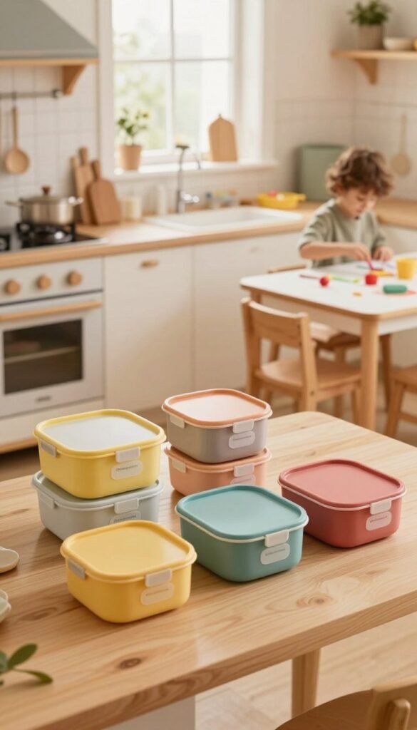 A warm, inviting kitchen scene showcasing a child-safe environment with practical organization. In the foreground, showcase a beautifully arranged countertop with colorful, labeled storage containers from "Ordnungskiste," emphasizing safety features like rounded edges. The middle ground features a playful yet safe cooking space, with child-proof cabinet locks and a small, child-sized table set up for art activities out of reach from the stove. In the background, soft natural light flows through a window, highlighting cozy, warm colors that create a calming atmosphere. The angle should be slightly elevated to capture the entire layout, delivering a sense of organization and serenity that promotes the idea of a stress-free home for families. Authentic and Pinterest-inspired, with no text or watermarks.