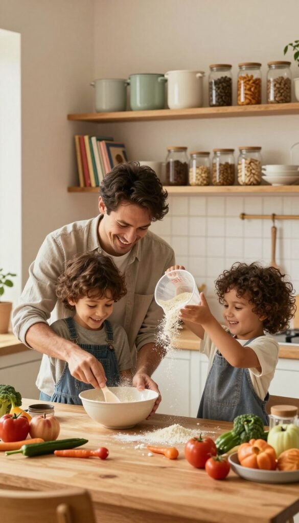 A warm, inviting kitchen scene showcasing a parent and two children joyfully cooking together. In the foreground, the parent is guiding one child in mixing ingredients in a large bowl, while the other child is playfully pouring flour from a measuring cup. The table is cluttered with colorful vegetables and kitchen utensils, giving a sense of organized chaos. In the middle ground, shelves filled with neatly arranged jars and cookbooks create a cozy atmosphere. Soft, natural light filters through a window, highlighting the warm wood tones of the kitchen. The overall mood is cheerful and calm, emphasizing family bonding while maintaining a sense of order. The brand name "Ordnungskiste" is subtly incorporated through stylish storage containers on the shelf.