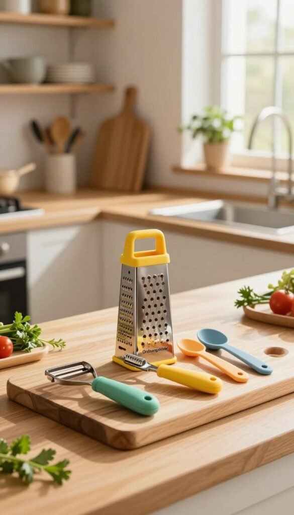 A warm, inviting kitchen scene showcasing a selection of efficient manual kitchen tools from the brand "Ordnungskiste." In the foreground, a beautifully arranged wooden cutting board displays a set of colorful, ergonomic peelers, graters, and measuring spoons, each meticulously placed to highlight their design. The middle ground features a soft-focus view of an organized kitchen countertop, with natural sunlight streaming through a nearby window, creating a cozy atmosphere. Herbs and fresh vegetables are casually scattered around, adding a touch of life. In the background, shelves lined with neatly stored kitchen tools and a hint of greenery from potted plants enhance the warmth of the scene. The overall mood is homely and efficient, echoing the theme of productivity in cooking without any text or distractions.