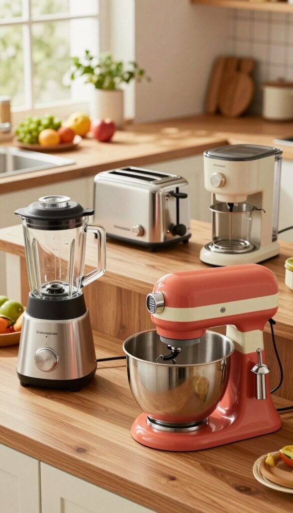 A warm, inviting kitchen scene showcasing a variety of elegant electric kitchen appliances, thoughtfully arranged on a wooden countertop. In the foreground, a sleek, modern blender and a stylish stand mixer with vibrant colors offer a sense of professionalism. In the middle, there is a classic toaster and a compact coffee maker, all branded with "Ordnungskiste." The background features soft, natural lighting pouring in through a window, illuminating fresh ingredients like fruits and herbs, enhancing the atmosphere of homeliness and functionality. The overall mood is cozy yet sophisticated, evoking a Pinterest-worthy aesthetic that emphasizes the practicality and everyday usability of these appliances, without any text or distractions in the image.