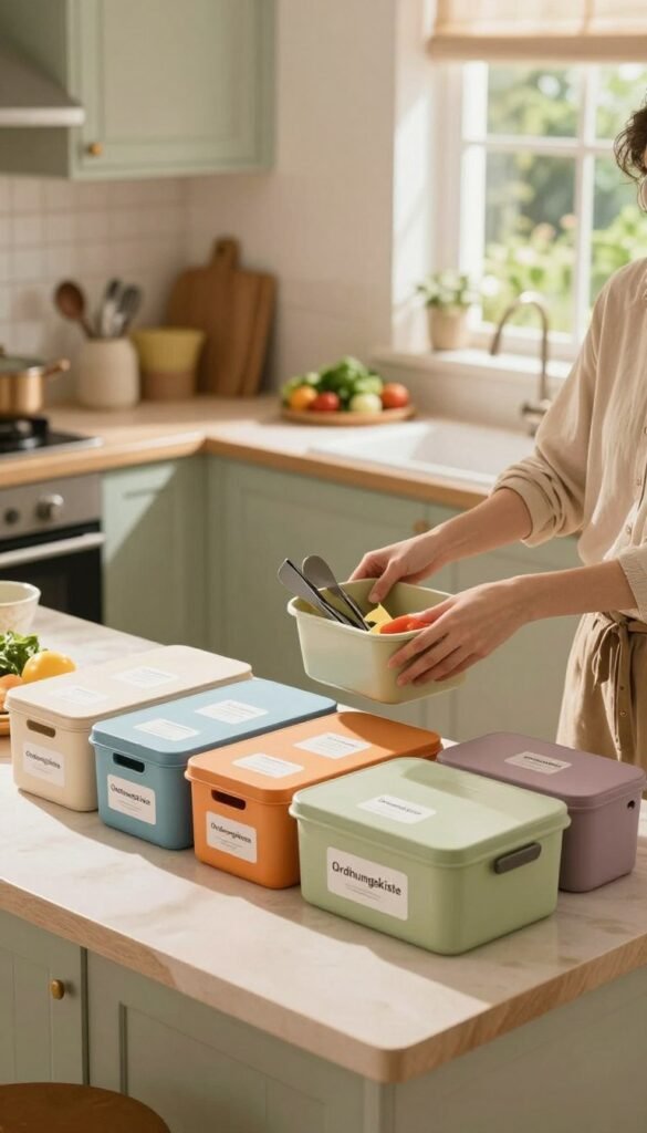 A warm, inviting kitchen scene showcasing an individual, dressed in modest casual clothing, actively organizing a cluttered kitchen space. In the foreground, colorful storage boxes labeled &ldquo;Ordnungskiste&rdquo; are neatly arranged on the countertop, highlighting effective organization. The middle ground features a person sorting through kitchen utensils and ingredients, with sunlight streaming through a window, casting gentle shadows that enhance the cozy atmosphere. In the background, soft pastel-colored cabinets and a well-kept kitchen garden outside create a harmonious ambiance. The overall mood is one of calm and productivity, emphasizing a fresh start in the kitchen, with natural lighting that adds warmth and a Pinterest-like aesthetic. The image must be free of any text or annotations, showcasing an authentic moment of kitchen reset.