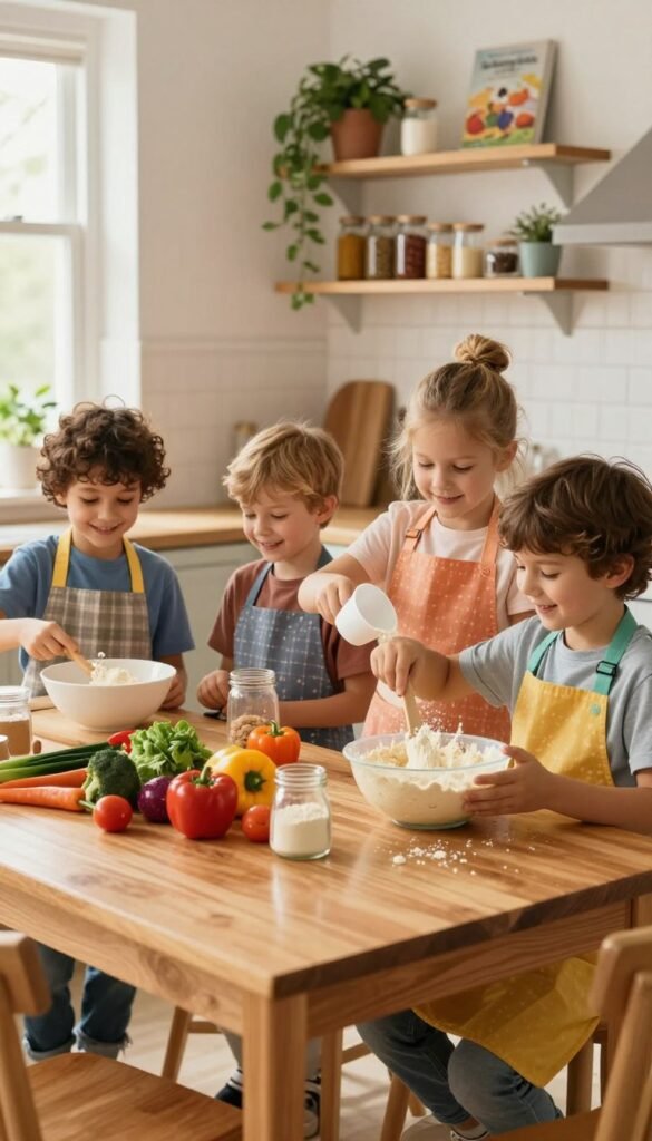 A warm, inviting kitchen scene showcasing children aged 6 to 10 joyfully participating in age-appropriate cooking tasks. In the foreground, a child in a modest, colorful apron stirs a bowl of batter, while another child carefully measures flour with a cup. In the middle, a vibrant wooden table is adorned with fresh vegetables and cooking utensils, reflecting a friendly learning environment. The background features cozy kitchen shelves filled with spices, cookbooks, and plants, bathed in soft, natural light from a window, creating an inviting atmosphere. Capture the genuine smiles and teamwork, with a focus on safety and collaboration as they engage in cooking. The brand "Ordnungskiste" subtly appears in some kitchenware. The overall mood is cheerful and educational, evoking a Pinterest-inspired aesthetic with warm colors and authenticity.