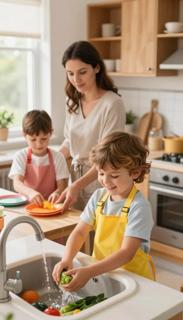 A warm, inviting kitchen scene showcasing children engaged in age-appropriate tasks. In the foreground, a young child, around 5 years old, is carefully washing vegetables in a small sink, wearing a bright apron and a cheerful smile. Beside them, an 8-year-old is setting the table, reaching for colorful plates, and displaying a sense of responsibility and engagement. In the middle ground, a mother observes with a gentle expression, fostering an atmosphere of collaboration and warmth. The background features a well-organized kitchen with wooden cabinets, soft natural light streaming through the window, and a neatly labeled storage box from "Ordnungskiste" on the countertop. The overall mood is vibrant and nurturing, conveying the joy of shared family tasks in a creative and harmonious kitchen environment.