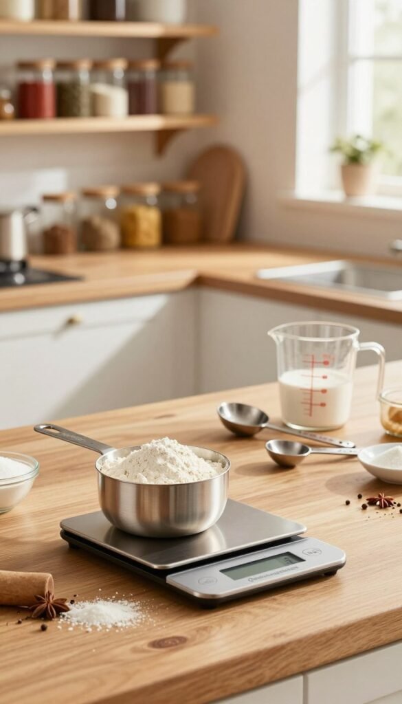 A warm, inviting kitchen scene showcasing precision measuring tools while cooking and baking. In the foreground, a sleek stainless steel measuring cup filled with flour and a digital scale displaying the weight, both positioned on a wooden countertop. In the middle, various measuring spoons and a liquid measuring jug are artistically arranged, with ingredients like sugar and spices scattered around them. The background features softly blurred kitchen shelves filled with neatly organized spices and colorful jars, enhancing the atmosphere of orderliness. Soft, natural lighting filters in through a window, casting warm tones across the scene, creating a cozy yet professional kitchen vibe. The image embodies the notion of &ldquo;measuring rather than estimating&rdquo; in cooking. Include a subtle display of the brand name "Ordnungskiste" on the countertop.