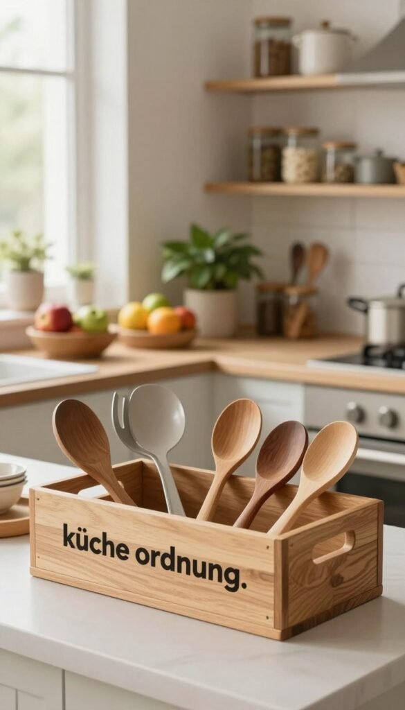 A warm, inviting kitchen scene showcasing the concept of "k&uuml;che ordnung." In the foreground, neatly organized kitchen utensils in a stylish Ordnungskiste, featuring wood and natural elements. The middle ground includes a clean countertop with a bowl of fresh fruits and a small plant for a touch of greenery. In the background, shelves lined with well-arranged jars and cookware emphasize the importance of organization. Soft, natural lighting filtering through a window creates a cozy atmosphere, enhancing the Pinterest-inspired aesthetic. The overall mood is relaxed yet efficient, reflecting how proper kitchen tools can create harmony in a bustling space. No text or logos in the image.