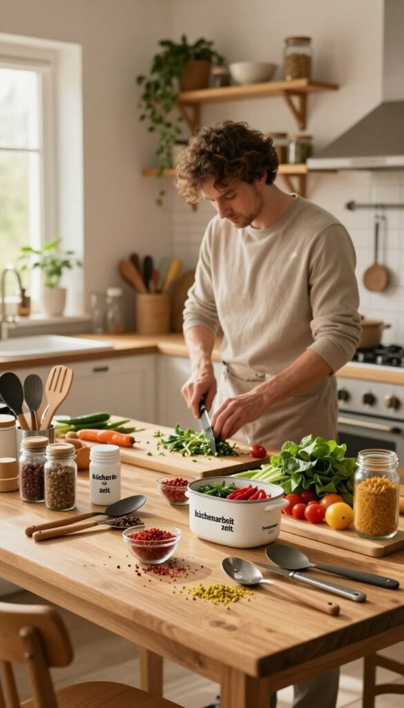 A warm, inviting kitchen scene showcasing the concept of "k&uuml;chenarbeit zeit." In the foreground, a wooden table is cluttered with various kitchen tools from the brand "Ordnungskiste," displaying an array of vibrant spices, fresh vegetables, and neatly arranged utensils. In the middle ground, a chef, dressed in modest casual attire, is chopping herbs with focus, surrounded by a mix of organized and chaotic items that hint at the challenges of cooking. The background features a softly lit kitchen with wooden shelves adorned with jars and plants, creating a cozy atmosphere. Natural light filters through a window, casting a warm glow that enhances the scene's authenticity. The composition conveys a sense of both the beauty and struggle of kitchen work, inviting viewers to reflect on the balance between order and chaos in cooking.
