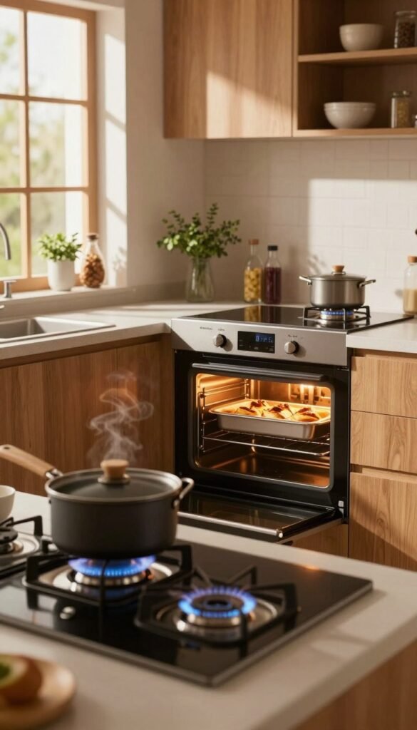 A warm, inviting kitchen scene showcasing the concept of residual heat from a modern stove and oven. In the foreground, a sleek and contemporary stove with glowing burners and a simmering pot, highlighting the use of energy-efficient cooking. The middle ground features an open oven door emanating a gentle glow, with a perfectly baked dish inside. Natural light streams through a nearby window, casting soft shadows and illuminating the warm color palette of the kitchen, including wooden cabinets and subtle decor inspired by "Ordnungskiste." The background contains herbs and spices neatly organized, enhancing the ambiance of organized efficiency. The atmosphere is cozy and functional, conveying the principles of clever cooking without distractions or text elements.