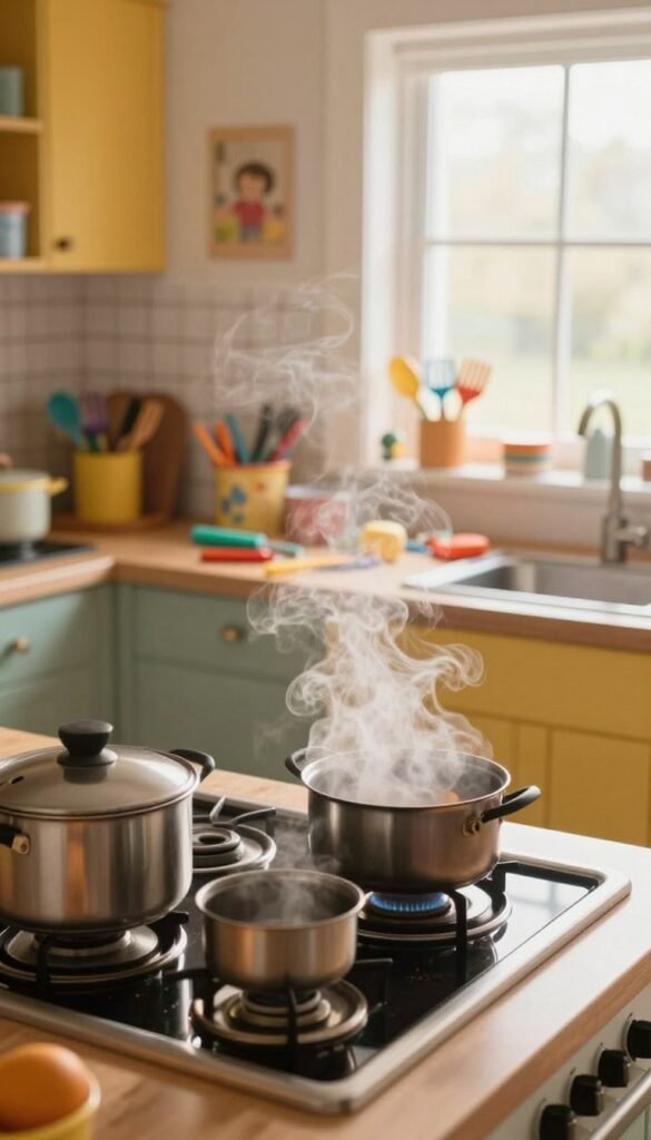A warm, inviting kitchen setting, showcasing a range of potential hazards for children. In the foreground, a close-up of a stove with boiling pots, steam rising dramatically, illustrating the dangers of burns. The middle ground features a balanced view of a colorful, chaotic countertop scattered with utensils, sharp knives, and hot cookware, evoking a sense of urgency. In the background, natural light streams through a window, illuminating the space with a soft glow, and family-friendly storage solutions like the "Ordnungskiste" can be subtly included to emphasize organization. The overall mood is one of caution, raising awareness of kitchen safety while maintaining an authentic, Pinterest-worthy aesthetic with warm colors and a realistic atmosphere.