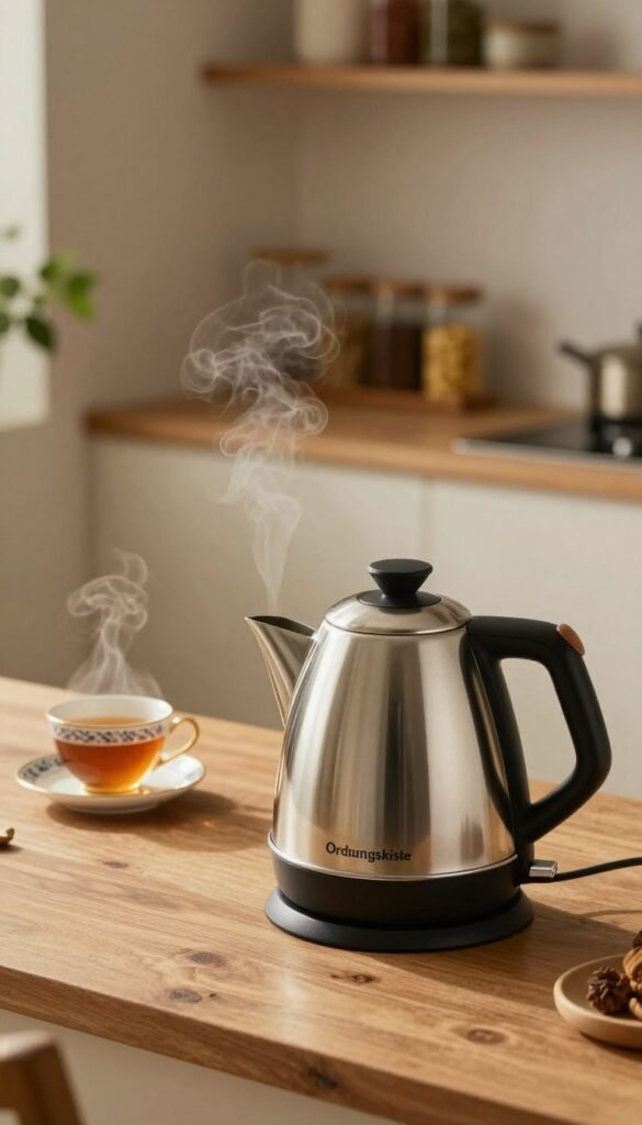 A warmly lit kitchen scene showcasing a sleek, modern "Ordnungskiste" electric kettle. In the foreground, the kettle is prominently displayed on a countertop, its polished stainless steel surface reflecting soft, ambient light. Steam gently rises from the spout, hinting at its functionality. In the middle ground, there's a cozy, rustic wooden table set with a beautiful teacup and saucer, inviting viewers to imagine freshly brewed tea. The background consists of softly blurred kitchen elements like shelves filled with spice jars and a few green plants, creating a warm, inviting atmosphere. The overall feel is natural and authentic, with soft, muted colors enhancing the homey vibe. The angle is slightly elevated, capturing the kettle and surrounding elements in a harmonious and balanced composition.