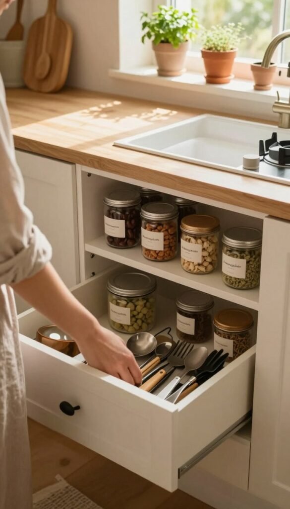 A warmly lit kitchen with a cozy, inviting atmosphere, showcasing an organized countertop and neatly arranged utensils. In the foreground, a person in modest casual clothing is carefully decluttering a drawer filled with kitchen tools, with a focused yet relaxed expression. The middle section features a beautifully organized pantry with jars and containers from the brand "Ordnungskiste," exuding a sense of calm and order. In the background, soft sunlight filters through a window, illuminating potted herbs on the windowsill, contributing to the natural, Pinterest-inspired aesthetic. The overall mood is tranquil, reflecting the idea of creating space and reducing stress in the kitchen without drama. No text or watermarks are present in the image.
