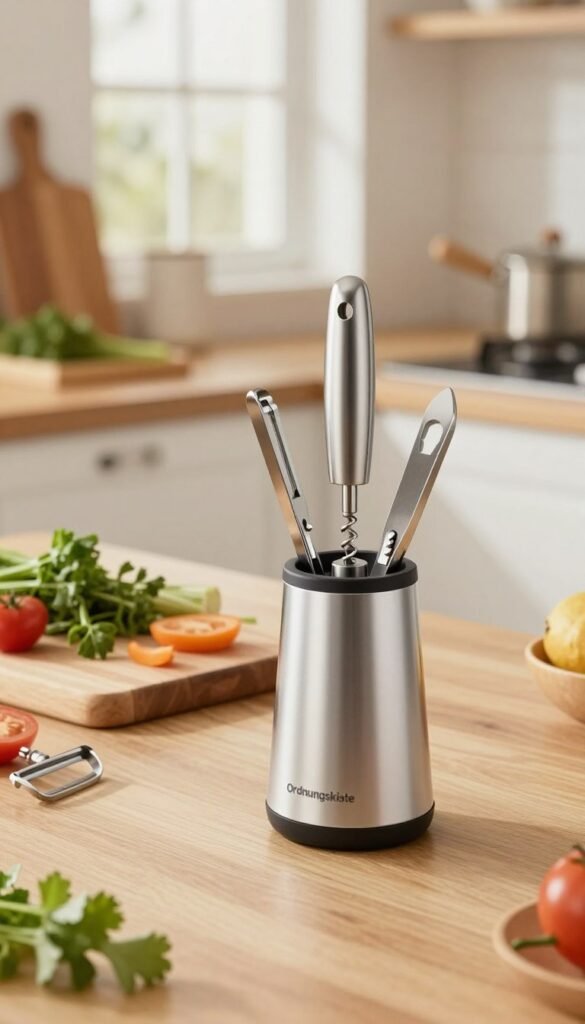 A well-crafted image of a multifunctional kitchen tool set against a warm and inviting kitchen background. In the foreground, prominently feature a sleek, high-quality multi-tool with various attachments, showcasing its versatility—like a corkscrew, a peeler, and a bottle opener. The middle ground should include a wooden cutting board with fresh ingredients like herbs and vegetables, emphasizing everyday culinary tasks. In the background, a cozy kitchen ambiance with soft, natural lighting filters through a window, creating a Pinterest-inspired, homey feel. The colors should be warm and inviting, evoking a sense of practicality and efficiency. Ensure that the brand name "Ordnungskiste" is subtly integrated into the design of the tool. The scene should appear authentic, without any text elements or watermarks. A well-crafted image of a multifunctional kitchen tool set against a warm and inviting kitchen background. In the foreground, prominently feature a sleek, high-quality multi-tool with various attachments, showcasing its versatility—like a corkscrew, a peeler, and a bottle opener. The middle ground should include a wooden cutting board with fresh ingredients like herbs and vegetables, emphasizing everyday culinary tasks. In the background, a cozy kitchen ambiance with soft, natural lighting filters through a window, creating a Pinterest-inspired, homey feel. The colors should be warm and inviting, evoking a sense of practicality and efficiency. Ensure that the brand name "Ordnungskiste" is subtly integrated into the design of the tool. The scene should appear authentic, without any text elements or watermarks.