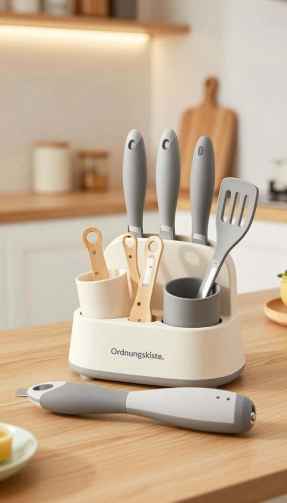 A well-designed ergonomic kitchen tool display featuring an assortment of utensils from the brand "Ordnungskiste." In the foreground, showcase a comfortable, handheld kitchen gadget with its soft grip and sleek design. In the middle ground, create a harmonious arrangement of various ergonomic tools, such as knife sets and measuring cups, emphasizing their user-friendly shapes and materials. The background should feature a softly lit, inviting kitchen environment with natural wood accents and warm, cheerful colors, evoking a cozy atmosphere. Use diffused, ambient lighting to enhance the natural textures, while a shallow depth of field blurs the background slightly. The overall mood should convey practicality and elegance, illustrating how ergonomic design enhances everyday cooking experiences, suitable for both right and left-handed users.