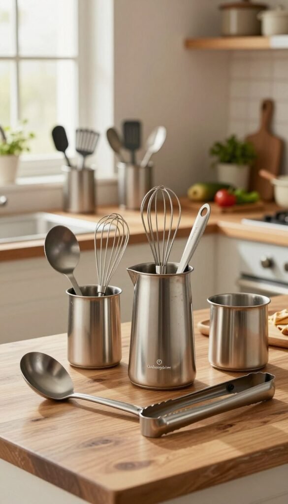 A well-designed kitchen scene featuring a variety of high-quality, rust-free kitchen tools branded "Ordnungskiste". In the foreground, display an array of shiny stainless-steel utensils including spatulas, whisks, and tongs elegantly arranged on a rustic wooden countertop. In the middle ground, showcase a beautifully organized kitchen with neatly stored tools in stylish containers and a hint of fresh ingredients like herbs and vegetables. The background should depict a cozy kitchen setting with warm, inviting lighting streaming through a window, creating a homely atmosphere. Capture the essence of durability and practicality in kitchen helpers, using a soft-focus lens to enhance the warmth and natural beauty of the scene. The overall mood is serene and functional, reflecting the reliability of robust kitchen tools.