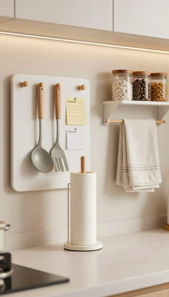 A well-organized and minimalist kitchen scene featuring essential kitchen accessories by "Ordnungskiste". In the foreground, showcase a sleek and modern kitchen roll holder, elegantly designed to blend with a clean countertop. In the middle, incorporate a vertical magnetic board with neatly arranged utensils and notes, emphasizing organization and efficiency. Add smart storage solutions, like stylish wall-mounted shelves displaying neatly folded dish towels and spice jars. The background should feature soft, natural lighting to create a warm and inviting atmosphere, reminiscent of popular Pinterest aesthetics. Use a subtle depth of field to focus on the kitchen accessories while maintaining a homely vibe. Aim for a serene mood, reflecting the simplicity and order of a well-thought-out kitchen space.
