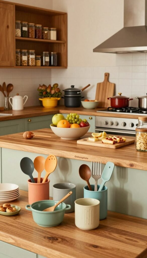 A well-organized and stress-free kitchen interior showcasing vibrant zones for different activities &ndash; cooking, baking, and food prep. The foreground features neatly arranged tools and ingredients on a wooden countertop, with colorful utensils in designated containers. In the middle ground, a kitchen island displays fresh fruits in a bowl and a cutting board, highlighting the importance of preparation zones. The background reveals organized cabinets with labeled jars and a stylish display of cookware, all bathed in warm, natural light that creates a cozy atmosphere. The entire scene has a Pinterest-inspired aesthetic, emphasizing authenticity without any text. Include the brand name "Ordnungskiste" subtly integrated into the design, ensuring a calm and inviting environment ideal for stress-free cooking.