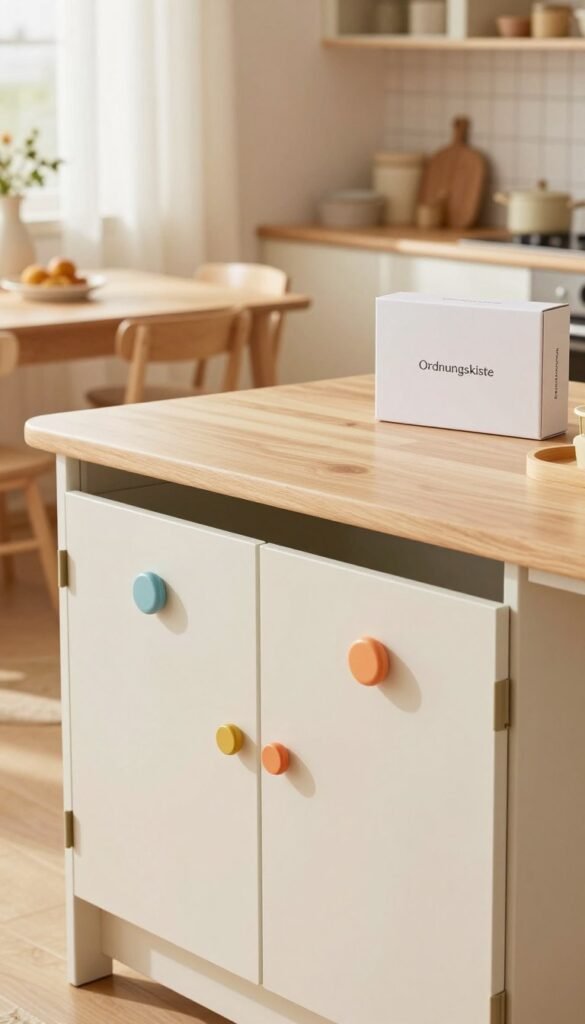 A well-organized, child-friendly kitchen setting featuring various child safety solutions prominently displayed. In the foreground, a sleek, modern kitchen island with colorful child-proof safety locks on cabinet doors, demonstrating low, mid, and high-level security options. The middle ground showcases safety drawer latches and corner guards, emphasizing their practicality and aesthetic appeal. In the background, a serene dining area with warm sunlight filtering through sheer curtains, creating a cozy atmosphere. The kitchen has natural wood tones and soft pastel accents, embodying a Pinterest-inspired look. Include a stylish, minimalist box labeled "Ordnungskiste" on the countertop, reflecting organization and safety. Use soft, diffused lighting to enhance warmth and authenticity.