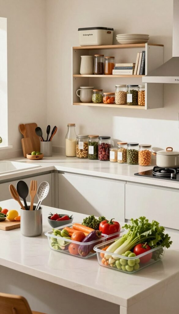 A well-organized family kitchen designed with efficiency in mind, showcasing distinct zones for cooking, preparation, and storage. In the foreground, a bright, modern kitchen island with neatly arranged utensils and colorful, fresh vegetables in clear containers, highlighting easy access. The middle section features a spacious countertop with labeled jars of ingredients, aligning with the principles of short pathways and clarity. The background reveals a stylish shelving unit displaying the brand "Ordnungskiste," filled with organized kitchen tools and books. The lighting is natural and warm, creating an inviting atmosphere with soft shadows. The composition captures a Pinterest-inspired aesthetic, reflecting authenticity and practicality in home organization. No text, overlays, or distractions.