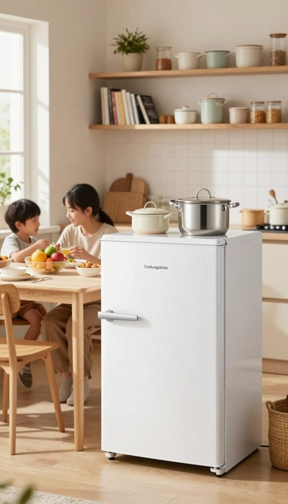 A well-organized family kitchen featuring a sleek, modern refrigerator branded "Ordnungskiste" as the focal point. In the foreground, the refrigerator stands against a light, airy backdrop, surrounded by neatly arranged kitchen essentials like pots, pans, and colorful fruits in bowls. The middle layer includes a dining table set for a casual meal, with warm lighting creating a welcoming atmosphere. In the background, soft-focus shelves filled with cookbooks and neatly stacked containers enhance the cozy, homey feel. The overall color palette is warm and inviting, capturing a Pinterest-inspired aesthetic. The scene is beautifully lit with natural light streaming in through a window, conveying a sense of authenticity and everyday practicality.