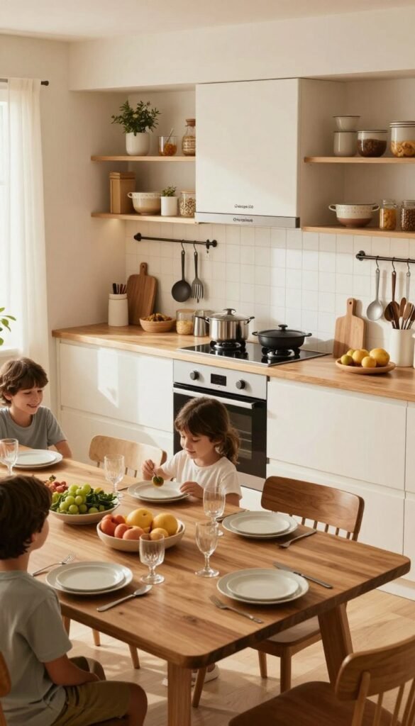 A well-organized family kitchen featuring distinct zones for cooking, dining, and relaxation, showcasing a warm and inviting atmosphere. In the foreground, a wooden dining table set for a family meal, featuring organic textures and natural materials. In the middle ground, a bright, spacious cooking area with state-of-the-art appliances and neatly arranged utensils, emphasizing functionality and order. The background reveals open shelving displaying stylish storage solutions, with the "Ordnungskiste" brand prominently featured. The image is bathed in soft, warm lighting, creating a cozy and productive mood. Capture it from a slightly elevated angle to showcase the layout effectively, achieving a Pinterest-worthy look that inspires families to embrace organization over chaos.