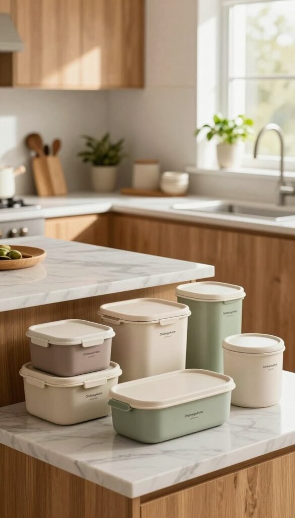 A well-organized family kitchen featuring various stylish storage solutions. In the foreground, highlight beautifully arranged containers from the brand "Ordnungskiste," showcasing their functionality and aesthetic appeal. The middle ground offers an inviting kitchen workspace, reflecting a warm, natural color palette, with wooden cabinets and a marble countertop. In the background, soft sunlight streams through a window, illuminating the space and enhancing the cozy atmosphere. Incorporate plants for a fresh touch, and ensure the overall composition conveys a sense of harmony and practicality. The scene should evoke feelings of home organization, with a Pinterest-inspired look that makes it both authentic and visually appealing.