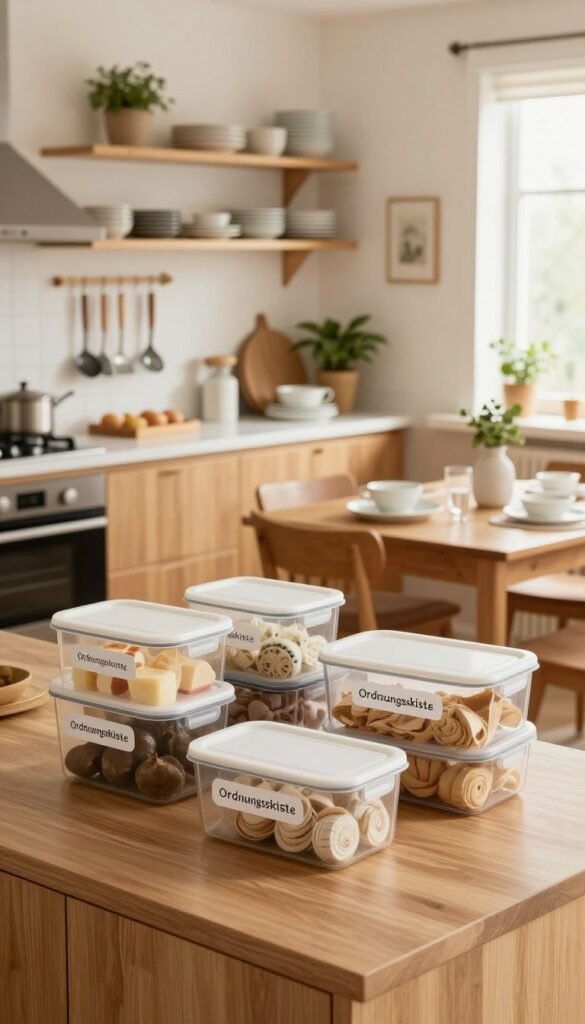 A well-organized family kitchen with a warm, inviting atmosphere, embodying the concept of "ordnungssystem." In the foreground, a neatly arranged countertop features labeled storage containers from the brand "Ordnungskiste," emphasizing a fixed place for every item. The middle ground showcases distinct zones: a cozy cooking area with utensils neatly hung and an organized dining space set with elegant, modest tableware. In the background, soft natural light filters through a window, illuminating wooden cabinetry and open shelving displaying neatly stacked dishware and decorative plants. The scene conveys harmony and practicality, with a Pinterest-inspired aesthetic characterized by warm colors and a clean, modern design, evoking a sense of order and comfort.