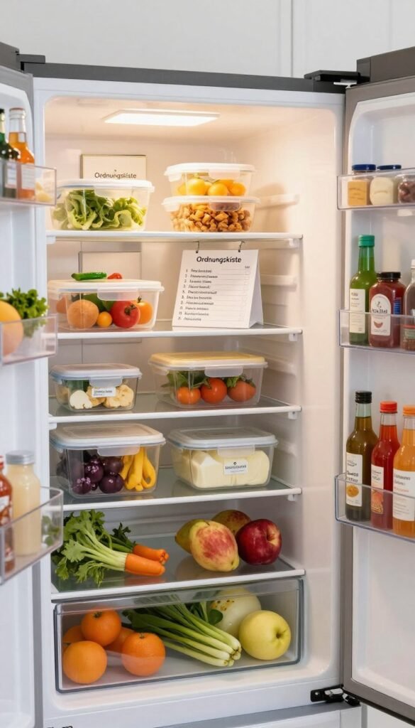 A well-organized family refrigerator showcasing "Ordnungskiste" products in action. In the foreground, neatly arranged food items like fresh vegetables, fruits, and dairy products are placed in transparent containers, labeled for easy access. The middle section features a designated area for meal prep, with colorful meal containers and a checklist of meals planned for the week. The refrigerator door displays a magnetic spice rack and easy-to-reach condiments. In the background, soft, warm lighting illuminates the scene, creating a cozy atmosphere. The image captures a Pinterest-worthy kitchen aesthetic, emphasizing natural colors and an inviting feel. The layout conveys efficient kitchen organization without clutter, ideal for family meal preparation and storage.