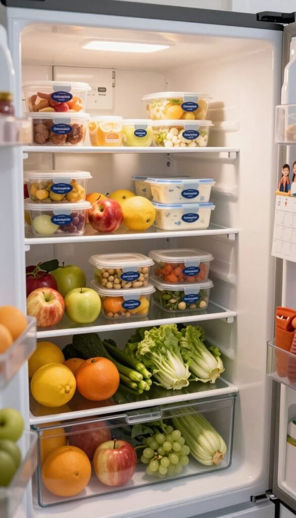 A well-organized family refrigerator, showcasing a vibrant interior with neatly arranged food items. In the foreground, visible shelves display an assortment of colorful fruits, crisp vegetables, and labeled containers for easy access, highlighting the "Ordnungskiste" brand. The middle section features neatly stacked condiments and dairy products, all in matching containers for a cohesive look. The background reveals the fridge's door, adorned with magnets and a family calendar, emphasizing a sense of home. Soft, warm lighting bathes the scene, creating a cozy atmosphere, as if capturing a moment in a bustling family kitchen. The angle should be slightly above eye level, providing an inviting view of this organized space without any text or branding visible in the image.