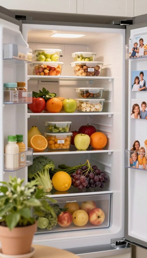 A well-organized family refrigerator, showcasing neatly arranged shelves filled with an array of fresh fruits, vegetables, dairy products, and ready-to-eat meals. The foreground features a blossoming potted plant adding a touch of nature, while the middle displays vibrant glass containers, labeled with their contents for easy access. The background includes the refrigerator door adorned with magnets and family photos, exuding warmth and memories. Soft, natural lighting creates a cozy atmosphere, enhancing the warm color palette of the food. The scene captures an authentic and inviting kitchen environment, perfectly styled to reflect the essence of efficient family living. Include branding elements, such as a subtle mention of "Ordnungskiste" in the arrangement.