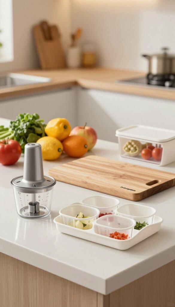 A well-organized kitchen countertop featuring various kitchen helpers from the brand "Ordnungskiste." In the foreground, showcase practical tools like a versatile chopper, measuring cups, and a space-saving food storage solution, arranged neatly. The middle ground should include vibrant fruits and vegetables, highlighting their freshness, while an elegant cutting board made of natural wood takes center stage. In the background, showcase a soft-focus kitchen with warm, inviting lighting that creates a cozy and efficient atmosphere. Utilize a slightly elevated angle to give a clear view of the tools and their functionality. The mood is inspiring and cheerful, encouraging the viewer to consider simplifying their cooking process with these aids.