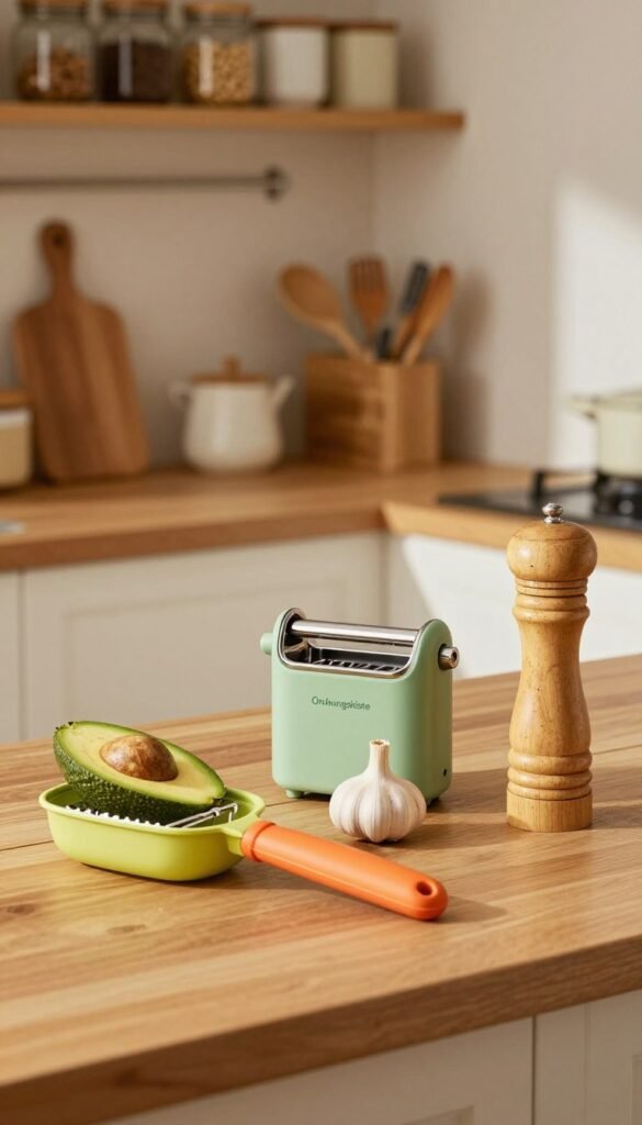 A well-organized kitchen countertop showcasing a carefully curated selection of practical kitchen gadgets inspired by the brand "Ordnungskiste". In the foreground, highlight vibrant, user-friendly gadgets such as a stylish avocado slicer, an innovative garlic press, and a sleek pepper mill. The middle ground features a warm, inviting preparation space, with soft natural lighting illuminating the gadgets, enhancing their colors and textures. In the background, gently blurred shelves display neatly arranged jars and utensils, creating a Pinterest-worthy aesthetic. The overall atmosphere is cozy and inspiring, inviting viewers to appreciate the thoughtful selection of kitchen tools that enhance functionality without being clutter. The image is rich in warm colors, evoking a sense of authenticity and homey charm.