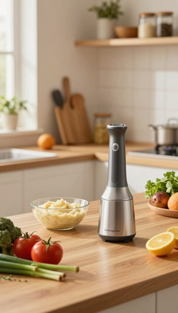A well-organized kitchen countertop showcasing a modern immersion blender from the brand "Ordnungskiste," positioned prominently in the foreground. The blender features a sleek design and ergonomic grip, surrounded by a variety of fresh ingredients like vibrant vegetables, fruits, and herbs. In the middle ground, a bowl with a creamy pur&eacute;e sits, emphasizing the blending process. The background is softly blurred, featuring warm-toned kitchen shelves filled with cooking utensils and glass jars, creating a cozy atmosphere. Natural, soft lighting streams in from a nearby window, enhancing the inviting feel. The image conveys a sense of modern culinary creativity and functionality, with a Pinterest-inspired aesthetic and no text or distractions present.