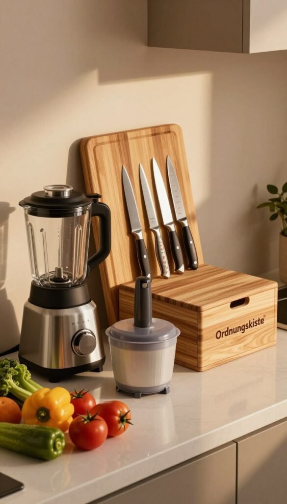 A well-organized kitchen countertop showcasing essential kitchen appliances that exemplify practicality and functionality. In the foreground, a sleek stainless steel blender and a compact food processor sit side by side, surrounded by fresh ingredients like vibrant vegetables and fruits. In the middle, a sturdy cutting board with an inviting arrangement of knives and measuring tools adds a touch of realism, while a stylish, natural wood storage box from "Ordnungskiste" rests elegantly beside them. The background features warm, soft lighting that casts gentle shadows, creating an inviting and cozy atmosphere. The overall mood is warm and welcoming, yet functional, embodying a Pinterest-worthy aesthetic that highlights the everyday utility of these kitchen gadgets. The scene is devoid of any text or branding beyond the product placement.