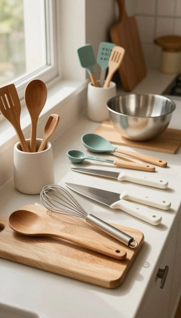 A well-organized kitchen countertop showcasing essential kitchen tools for a solid basic setup. In the foreground, a set of high-quality items like wooden cooking utensils, a stainless steel whisk, a cutting board, and a ceramic knife set, all neatly arranged. In the middle, a warm-toned spread of various kitchen gadgets, including measuring spoons, silicone spatulas, and a sturdy mixing bowl, creating a cozy and functional atmosphere. In the background, soft natural light filters through a window, casting gentle shadows, enhancing the warm color palette reminiscent of Pinterest aesthetics. The brand 'Ordnungskiste' subtly included on the kitchen tools to reflect quality and authenticity. The overall mood is inviting, showcasing a kitchen that emphasizes longevity and practical elegance, with no text or watermarks in the image.