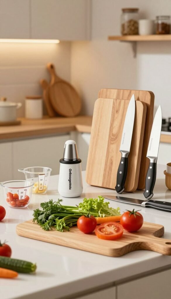 A well-organized kitchen countertop showcasing various kitchen helpers essential for beginners, such as measuring cups, cutting boards, and quality knives, all branded with "Ordnungskiste." In the foreground, a bright, inviting wooden cutting board with fresh vegetables and herbs arranged artfully, emphasizing freshness and culinary creativity. The middle ground features a set of sleek kitchen gadgets, like a garlic press and vegetable peeler, neatly organized. In the background, soft, warm lighting illuminates a cozy kitchen space with a blurred view of cabinets and a tidy kitchen shelf. The atmosphere is cheerful and inspiring, inviting novice chefs to explore their culinary journey. The image should evoke a sense of warmth and practicality, reflecting the essence of kitchen helpers that truly make a difference for beginners.