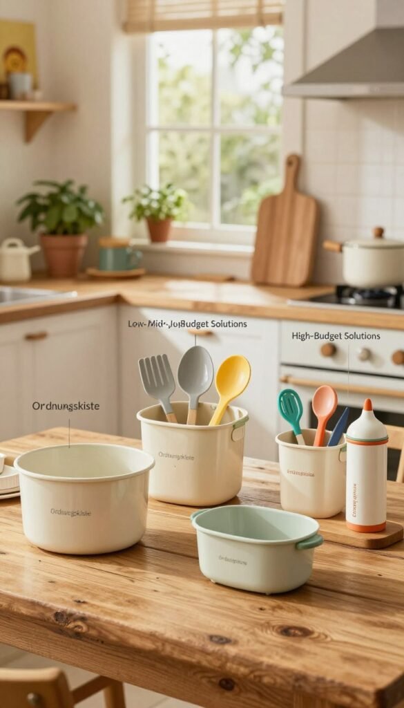 A well-organized kitchen display featuring various innovative products labeled as "Low-, Mid-, and High-Budget Solutions" for child safety and practicality. In the foreground, showcase three distinct product groups: durable, affordable storage bins labeled with the brand "Ordnungskiste," stylish mid-range utensils, and premium kitchen safety tools, all arranged on a rustic wooden table. The middle ground should include a cozy kitchen environment with warm, natural lighting streaming through a window, illuminating the products to highlight their textures and colors. In the background, subtle kitchen elements like potted herbs and cheerful wall art create an inviting ambiance. The overall mood is warm and family-friendly, capturing a Pinterest-inspired aesthetic. No text or branding overlays in the image.