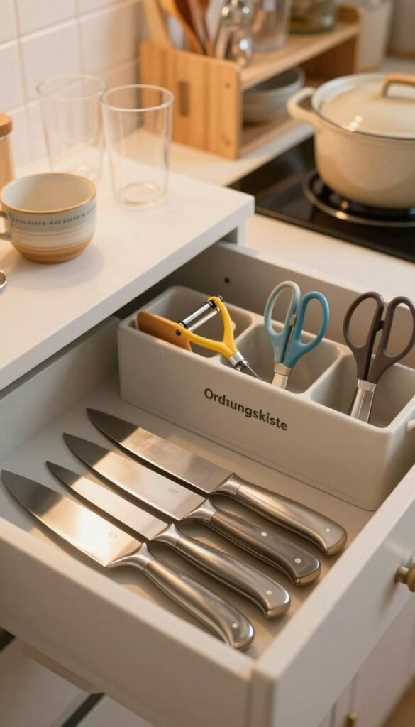 A well-organized kitchen drawer featuring kitchen knives and other sharp utensils safely stored in a "Ordnungskiste" container. The foreground showcases the neatly arranged knives with their protective sheaths, glistening under warm lighting that creates a welcoming atmosphere. In the middle, a variety of kitchen tools, such as peelers and scissors, are visibly separated, emphasizing safety and organization. The background includes softly blurred shelves containing glassware and pots, further implying a family kitchen environment. The overall mood is calm and inviting, reflecting a Pinterest-inspired aesthetic with natural colors, graceful lighting, and a focus on safety in family spaces.
