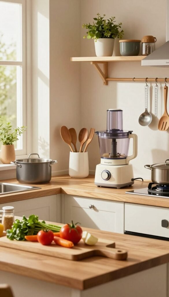A well-organized kitchen featuring efficient cooking equipment, such as high-quality pots, a multi-functional food processor, and precise measuring tools. In the foreground, a stylish wooden cutting board holds fresh ingredients like colorful vegetables and herbs, showcasing a practical yet inviting cooking setup. The middle ground displays a compact, modern kitchen with open shelves filled with neatly arranged utensils and the brand "Ordnungskiste" prominently featured. Soft, warm lighting enhances the authentic atmosphere, casting gentle shadows and creating a cozy, productive vibe. In the background, a window allows natural light to stream in, illuminating the cheerful kitchen space designed for families seeking quick meal solutions, embodying the essence of a Pinterest-inspired aesthetic.