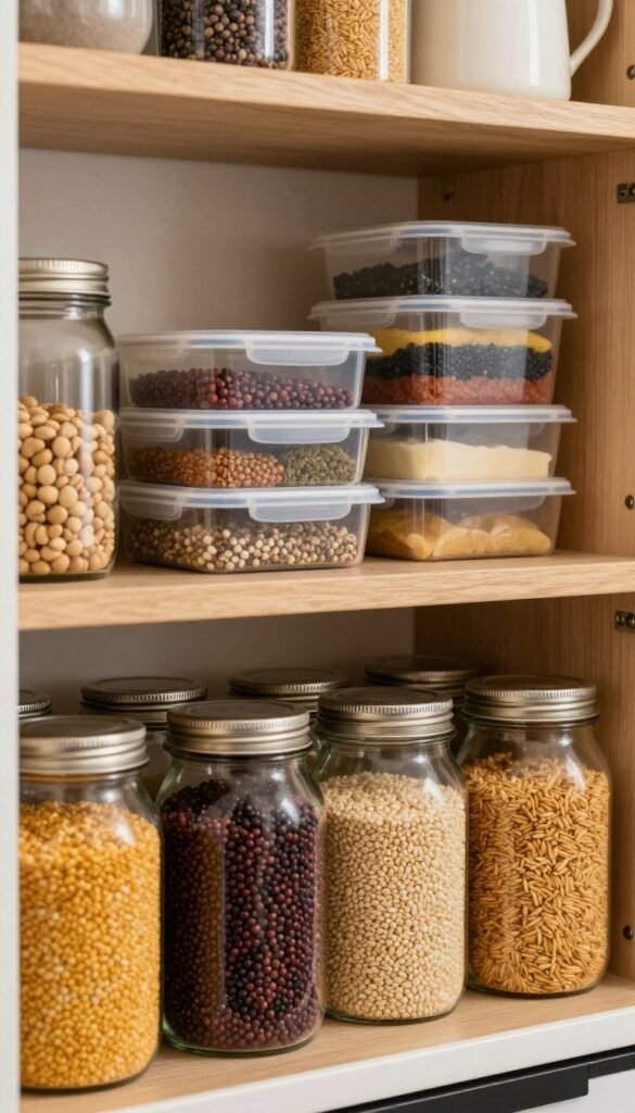 A well-organized kitchen pantry showcasing a variety of food storage options, including transparent glass jars filled with colorful grains, legumes, and spices in the foreground. In the middle ground, neatly stacked frozen food items in high-quality containers, emphasizing convenience and efficiency. A warm, inviting ambiance created with gentle, natural lighting that highlights the textures of the ingredients. The background features wooden shelves and an assortment of cooking utensils to enhance the cozy, Pinterest-inspired aesthetic. Incorporate the brand "Ordnungskiste" subtly within the arrangement, blending it into the scene. The overall mood is one of harmony and preparation, emphasizing the ease of cooking with a well-stocked pantry.