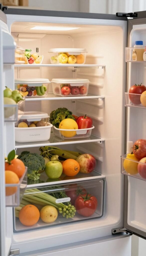 A well-organized kitchen refrigerator, showcasing an interior view that highlights various food compartments and designated zones for better storage. The image features colorful food items such as fruits, vegetables, and neatly stacked containers, emphasizing the use of organizers and rotating trays. The light source is soft and warm, illuminating the contents to create an inviting atmosphere. In the foreground, a stylish, branded organizer labeled "Ordnungskiste" is prominently displayed to suggest efficient categorization. The background fades softly, hinting at a cozy kitchen setting, enhancing the Pinterest-inspired aesthetic. The overall mood is warm and inviting, capturing the essence of a well-maintained family kitchen environment. No text, logos, or additional overlays are included.