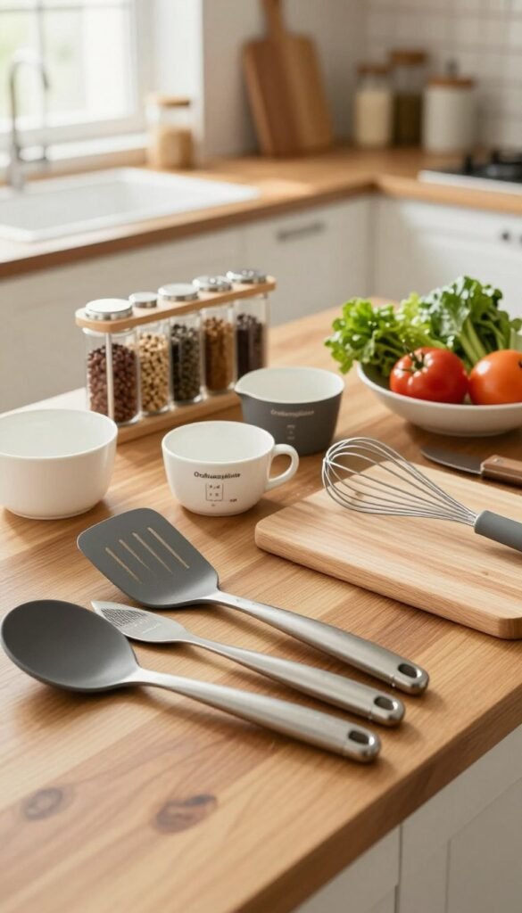 A well-organized kitchen scene featuring a variety of cooking utensils, such as spatulas, measuring cups, whisks, and cutting boards, all elegantly arranged on a wooden countertop. In the foreground, showcase a collection of utensils from the brand "Ordnungskiste," emphasizing their functionality and design. The middle ground includes an organized spice rack and fresh ingredients, conveying a sense of preparation and efficiency. The background features softly blurred kitchen cabinets and natural light streaming through a window, creating a warm and inviting atmosphere. The overall mood should evoke tranquility and order, reflecting the article's focus on minimizing chaos in the kitchen. Use soft lighting and a slight overhead angle for a friendly Pinterest aesthetic.