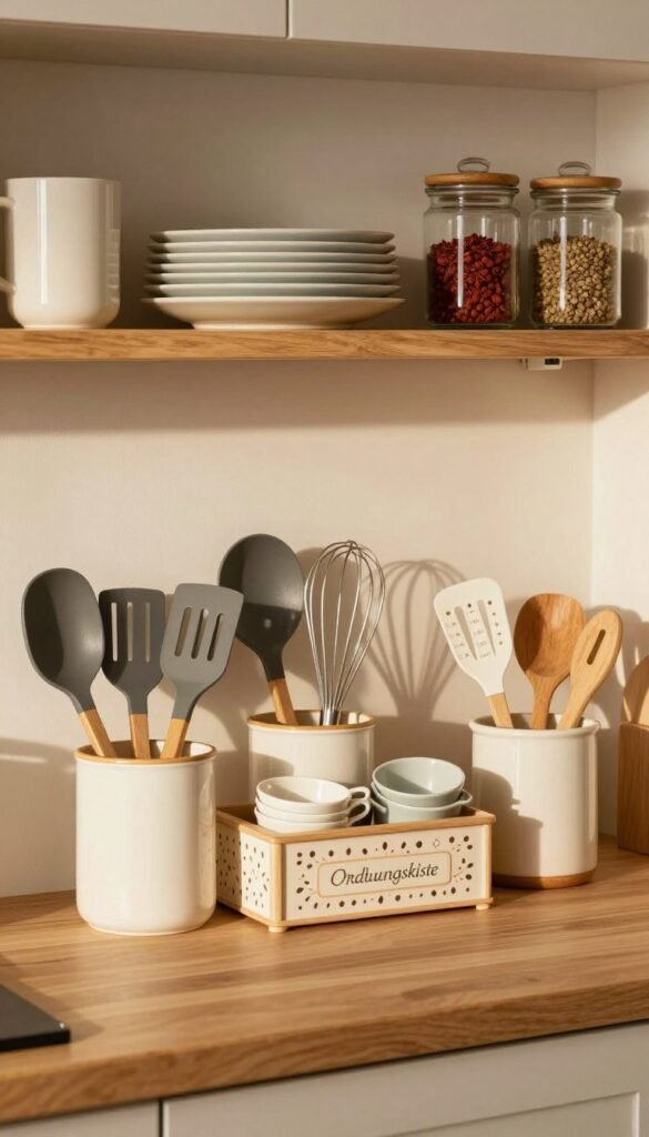 A well-organized kitchen scene featuring an array of kitchen tools neatly arranged in stylish containers. In the foreground, a wooden countertop displays various utensils, including spatulas, whisks, and measuring cups, all impeccably placed in a "Ordnungskiste" decorative box. The middle layer shows a tidy shelf with neatly stacked dishes and glass jars filled with spices, exuding a warm and inviting atmosphere. The background includes a softly illuminated kitchen space, with warm lighting casting gentle shadows that highlight the organization. The overall image should evoke a sense of tranquility and efficiency, showcasing a clutter-free kitchen that emphasizes functionality and style, styled in a natural Pinterest aesthetic without any text elements.