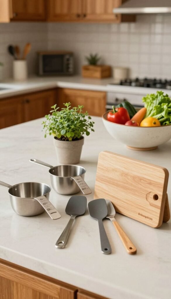 A well-organized kitchen scene featuring various practical kitchen helpers reflecting everyday use. In the foreground, highlight neatly arranged kitchen tools such as measuring cups, spatulas, and a cutting board branded with "Ordnungskiste." The middle ground showcases a modern countertop with a small potted herb plant and a stylish ceramic bowl filled with fresh vegetables. In the background, a cozy kitchen with warm wooden cabinets and soft, natural lighting creates an inviting atmosphere. Use a warm color palette to emphasize authenticity, capturing the essence of a functional yet aesthetically pleasing kitchen. The image has a Pinterest-inspired look, evoking a sense of daily life and decision-making in selecting kitchen tools without any text or overlays.