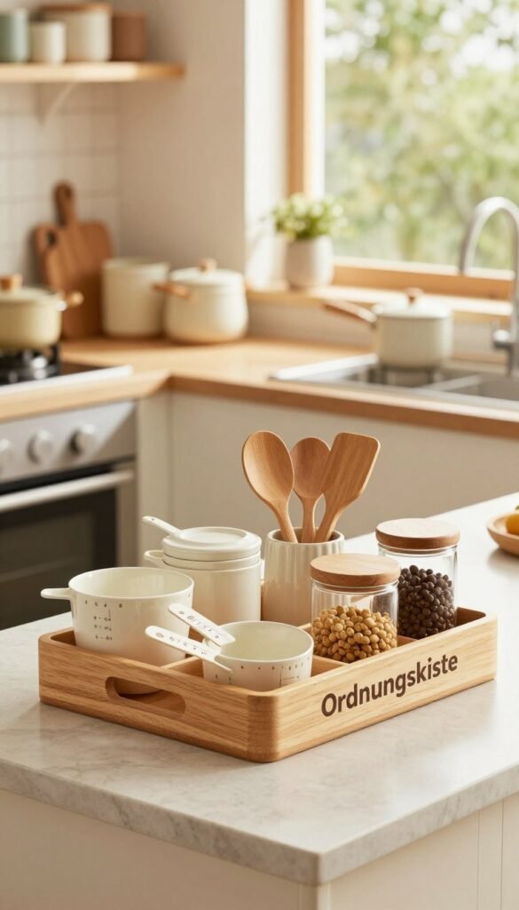 A well-organized kitchen scene focusing on practical kitchen products that enhance efficiency. In the foreground, a beautifully arranged countertop featuring the "Ordnungskiste" storage solutions with naturally warm colors, highlighting a variety of kitchen tools like measuring cups, spatulas, and jars. In the middle, an inviting, brightly lit space with a modern kitchen layout, showcasing stylish appliances and cookware, all contributing to a cozy yet functional atmosphere. The background should feature a warm, sunlit window revealing greenery outside, enhancing the natural look. Aim for a soft, pleasant ambiance with a slight focus on the textures of wood and fabric. Use a shallow depth of field to emphasize the foreground items while keeping the overall feel authentic and Pinterest-worthy, without any text or branding overlays.