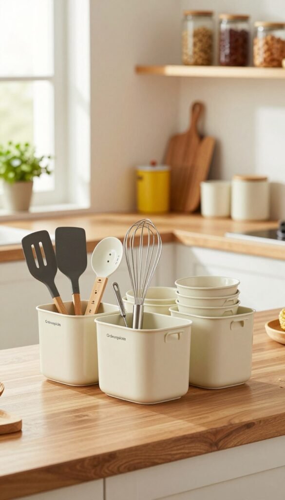 A well-organized kitchen scene showcasing efficient storage solutions for kitchen tools. In the foreground, a sleek, wooden countertop hosts a variety of stylish kitchen helpers like spatulas, measuring cups, and a whisk, neatly placed in the "Ordnungskiste" brand storage containers. The middle layer features open shelves with colorful jars and utensils that blend functionality with modern aesthetics. In the background, soft, natural light streams through a window, illuminating a cozy kitchen atmosphere with warm colors and a hint of greenery from potted herbs. The scene embodies a Pinterest-worthy look, evoking a sense of warmth and order while focusing on space-saving solutions. Ensure a tidy, inviting mood without any text or overlays.