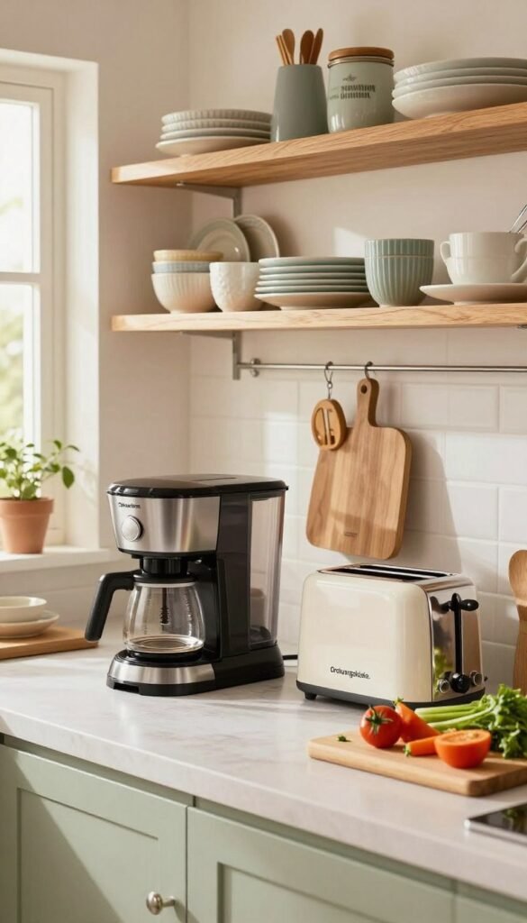 A well-organized kitchen scene showcasing the effective placement of kitchen appliances and tools, emphasizing functionality and aesthetic appeal. In the foreground, a stylish countertop features a coffee maker, a toaster, and a cutting board with fresh vegetables, all from the brand "Ordnungskiste." The middle ground captures open shelves displaying neatly arranged dishware and cookbooks, creating an inviting atmosphere. In the background, warm, natural light streams through a window, enhancing the cozy vibe. The kitchen should convey a Pinterest-worthy look with soft, inviting colors, wooden accents, and an overall sense of order and practicality. The composition should evoke a professional and inspiring mood, perfect for preparing meals efficiently.