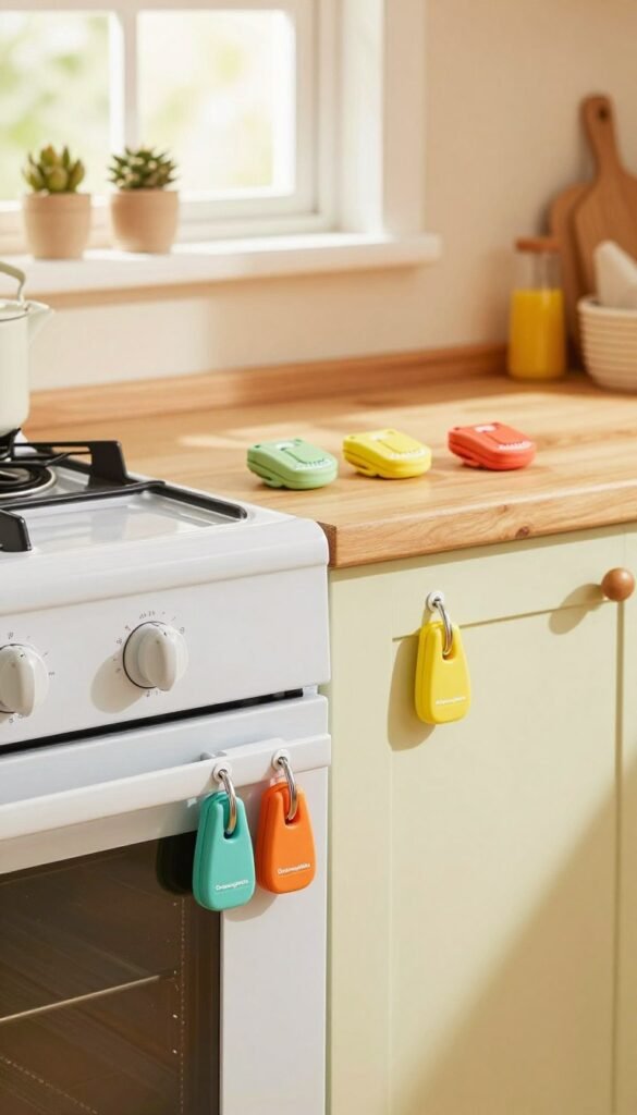 A well-organized kitchen scene showcasing various child safety products, specifically focusing on oven and stove safety locks from the brand "Ordnungskiste". In the foreground, highlight a colorful set of safety locks securely attached to an oven and a stove, emphasizing their ease of use. In the middle ground, display child-proof cabinet locks and outlet covers in a vibrant kitchen setting, showcasing warm colors and a cozy atmosphere. The background features a tidy kitchen with wooden surfaces and soft, natural lighting streaming through a window, enhancing the inviting mood. Capture this scene with a slightly elevated angle, using a warm and soft focus to evoke a Pinterest-worthy aesthetic, ensuring an authentic look without any text or overlays.