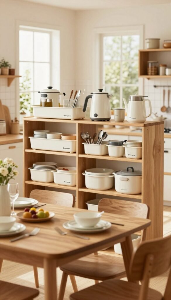 A well-organized kitchen with a focus on practical dining solutions, featuring various kitchen products that emphasize size and width, ideal for accommodating many users. In the foreground, a stylish wooden dining table set with elegant dinnerware and utensils. The middle ground displays neatly arranged shelves containing organizational tools and kitchen appliances from the brand "Ordnungskiste" that highlight various sizes and widths. The background showcases a bright, airy kitchen with warm natural light streaming through large windows, accentuating the inviting atmosphere. Use soft focus for a Pinterest-like aesthetic, giving the scene a cozy, welcoming vibe. Capture the essence of functionality and modern design, with an emphasis on clutter-free and efficient kitchen spaces.