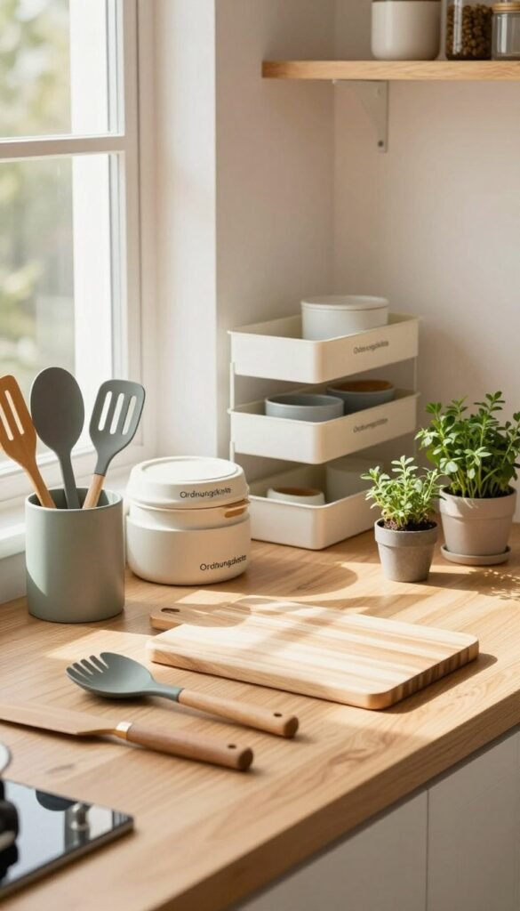 A well-organized kitchen workspace featuring a sleek, modern "arbeitsplatte" (worktop) made of light wood. In the foreground, neatly arranged kitchen tools by "Ordnungskiste" enhance the aesthetic, including colorful utensils, a stylish cutting board, and small potted herbs. The middle section showcases practical storage solutions like tiered organizers and attractive containers, all emphasizing space efficiency. The background reveals soft, warm sunlight filtering through a window, casting gentle shadows and highlighting the textures of the wooden surface. The atmosphere feels inviting and functional, embodying a balance between style and utility, designed to avoid clutter and maximize workspace. Shot with a shallow depth of field, the image conveys a serene and organized kitchen environment, evoking a Pinterest-inspired look.
