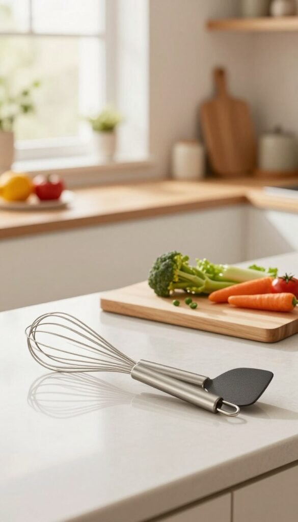 A well-organized kitchen workspace, showcasing a set of kitchen tools from the brand "Ordnungskiste". The foreground features a shiny, clean countertop with easy-to-clean utensils like a stainless steel whisk and a non-stick spatula, arranged neatly. In the middle, there's a stylish cutting board with fresh vegetables, highlighting the importance of cleanliness. The background includes soft, warm lighting that cascades from a window, creating a cozy and inviting atmosphere. The kitchen decor combines natural wood and bright colors, evoking a Pinterest-inspired aesthetic. The overall mood is tranquil and efficient, emphasizing hygiene and the beauty of an orderly kitchen without any text or distractions.